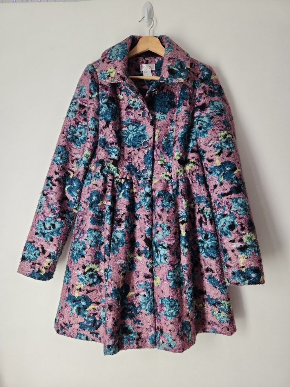 Vintage 90' floral textured fuzzy felt coat jacket pink teal blue size M Freeway